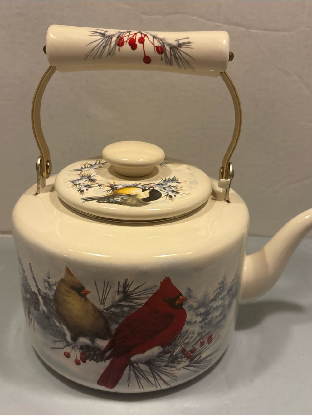 Vtg Lenox Cream Ceramic Teapot with Red Cardinal and Winter Bird Design